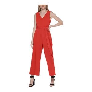 Calvin Klein Wide-Leg Ankle-Cropped Jumpsuit Beige Sleeveless V-Neck Plus-Size